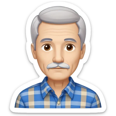 Thin older Hispanic man with light complexion. Elongated slim face with wise expression. Relaxed brown eyes. Straight fine gray-white hair with soft fringe. White mustache connected to chin beard. Lean physique. Wearing a beige and blue plaid long-sleeved shirt. sticker