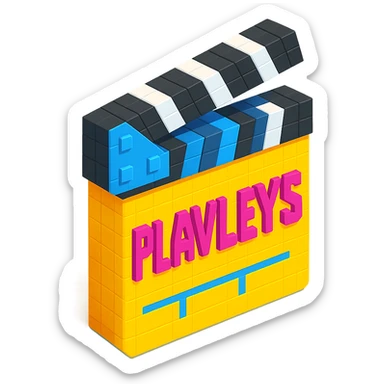 isometric view of a movie clapperboard with the text 'PLAVLEYS' written on it, voxel style sticker