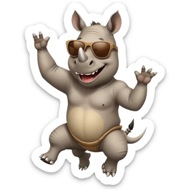 friendly anthropomorphised rhino jumping with excitement, wearing dark sunglasses, standard pose sticker