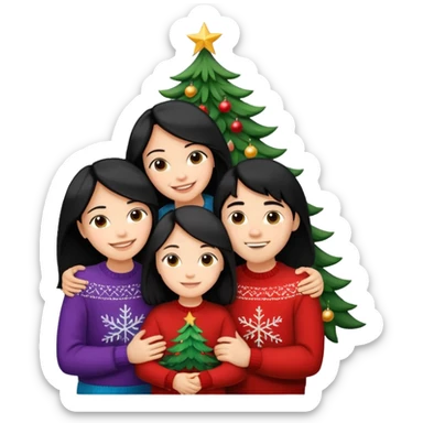 Generate Christmas-style emojis  family. Where light-skinned people stand near the tree all together, hugging and smiling. One girl should be light-skinned with black long hair. Add 4 people: Mother, Sister, Sister, Brother sticker