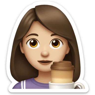 A girl with Dark Chestnut brown straight haired and bangs she has  hazel eyes and pale skin sipping a latte  sticker