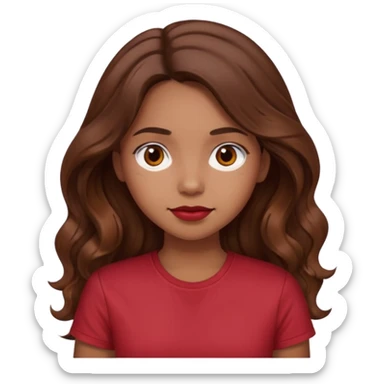 Very light brown girl with long wavy brunette hair and blush, wearing dark red tshirt sticker