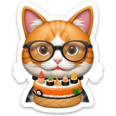 cat with cool thick square shaped glasses eating a birthday cake made out of sushi sticker