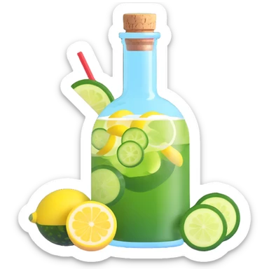 stylish 3D cocktail in a round bottle with a very small neck and cork, liquid color #6fdef1, inside cucumber slices, lemon slices, and ice cubes, realistic, colorful, visually stunning sticker