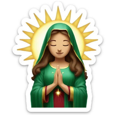 Virgin Mary: kind face looking down at the left, long brown hair, Wearing an emerald green  robe with gold stars and a burgundy red dress,  Hands in prayer or blessing. Halo around her head. standing in front of a big sun.  sticker