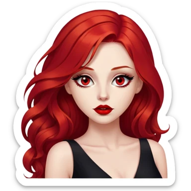 a crying woman with long red hair and red eyes. The woman wear a black little cutted dress. She have red lipstick and she have a seductive look.  sticker