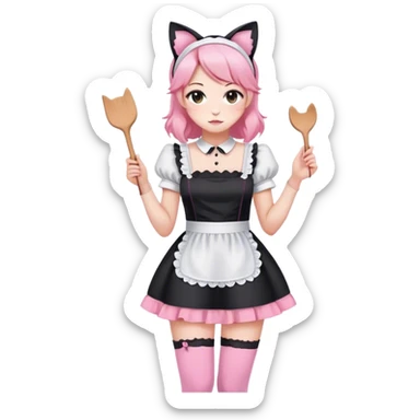 Black white and pink maid dress and thigh high leggings and cat ears loose clothes sticker