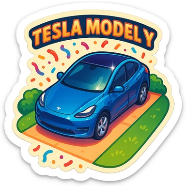 A Tesla Model Y parking in a home driveway with grass on the sides, from above, with confetti sticker