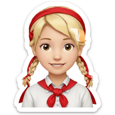 A Soviet pioneer girl emoji — smiling young girl with blonde hair tied into two short braids. She wears a white school shirt and a wide bright red pioneer neckerchief tied in a loose triangular knot at the chest (not a necktie) sticker