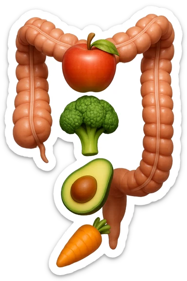 emoji stile iphone in 3d di cibo sano che fluttua in aria vericalmente insieme a pezzi di colon umano anatomico, iperrealistico 4k sticker