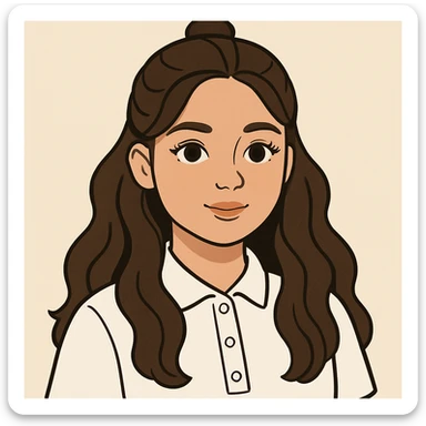 girl with a round face, long wavy brown hair in a half up half down style, brown eyes with long lashes, wearing a white button up polo, clean modern illustration style sticker