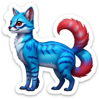 Cute kawaii cool edgy badass  vibrant cyan-cobalt-blue-to-crimson-red gradient-colored iridescent glossy fur  fantasy-caracal-civet-genet-sergal-vernid-Gryphon-Cacomistle-Trico-oncilla-animal-Fakémon-hybrid-fursona (full body), facial markings, (realism style) sticker