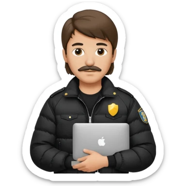 generate an ios genmoji of a 20 year old boy with shoulder length hair and a mullet. cop mustache. carrying a macbook and wearing a puffer jacket sticker