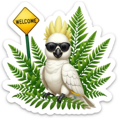 sulfer crested cockatoo wearing sunglasses sitting in a green fern tree with an australian street sign saying 'welcome to cockatoo' sticker