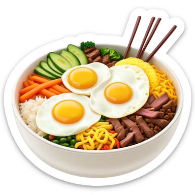 Cinematic Realistic Bibimbap Dish Emoji, showcasing a colorful bowl of mixed rice, assorted vegetables, beef, and a fried egg rendered with lifelike detail and vibrant, harmonious lighting. sticker