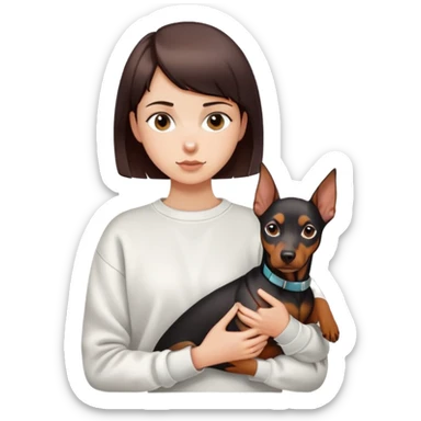 A short-haired girl in a white sweatshirt holding a Doberman sticker