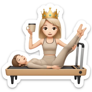 Cute sticker of a girl doing a Pilates stretch on a reformer while holding a cup of coffee in one hand. Wearing beige activewear and a small crown. Kawaii style, happy expression, vector, white outline, transparent background. sticker