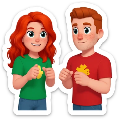 a redhead with long hair a guy with freckles. Straight hair. Playing brawl stars with a green and red t shirt sticker