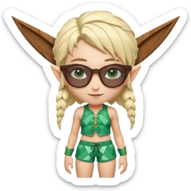 elf female legolas portrait, patterned board shorts (geometric/abstract), unique wooden-framed sunglasses, undercut hairstyle, slight smirk, visible pointy ears, no background, centered emoji, hipster summer vibe coctails sticker