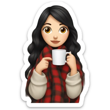 white girl black hair wrapped in cozy plaid blanket drinking a coffee sticker