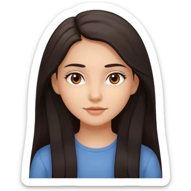 Create an Apple-style emoji of a young woman with long dark hair, brown eyes, natural look, smooth skin, soft shading, simple outfit, cute and friendly expression. sticker