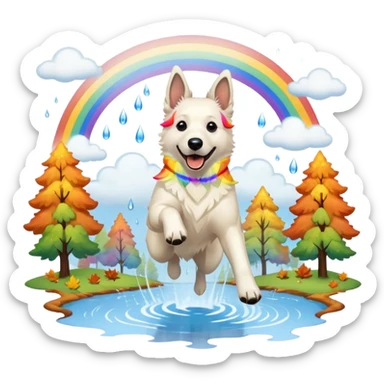 Beautiful White belgian Shepard jumping Cheerful  over Rain puddles. There is a rainbow in the sky and Autumn forest in the background sticker