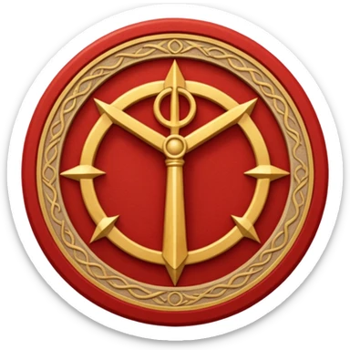 a circular casting sigil inspired by the wizard101 balance school using base color sand and trim color red. A golden scale in the middle as a focus  sticker