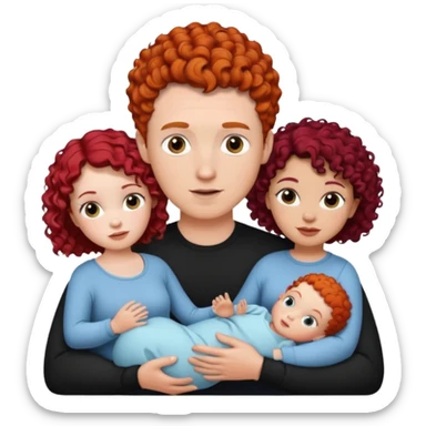 Create a picture of a family of three: a white woman with short, curly red hair, a white man with black hair, and a white baby girl with curly black hair. sticker