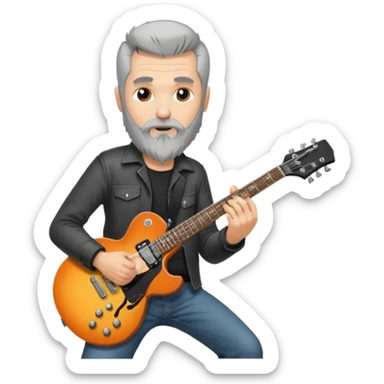 a short grey hair, with long side beard shop, middle age metal head with a classic epiphone eletric guitar sticker