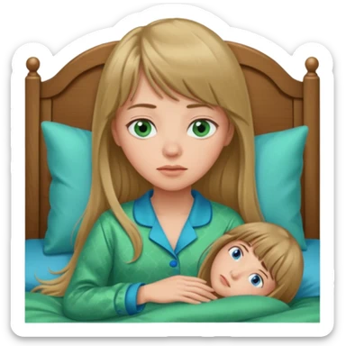 Woman with long dark blond hair and bang, blue eyes sleepy in bed  with green pyjama sticker