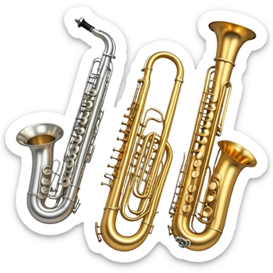 Create a professional and elegant emoji collage symbolizing wind instruments, using a combination of copper, white metal, and black wood. The design should feature iconic instruments like a trumpet, saxophone, tube, oboe, and horn. Each instrument should be represented with its key elements clearly visible.
Each instrument should be designed with realistic textures, including the gleam of metal and the deep, rich tone of black wood. Arrange the instruments in a balanced and harmonious way, making sure the elements are easily recognizable. Use metallic gold, silver, and copper tones with black wood accents. The background should be transparent to highlight the instruments. sticker