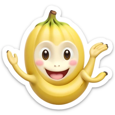 Cute Kawaii Banana, slightly curved, soft pastel yellow, cute giggling face with big round eyes, tiny arms waving happily, a peeled section revealing a smiling expression! sticker