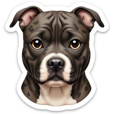 Cinematic Noble Black/Brindle Staffordshire Bull Terrier Portrait Emoji, Poised and regal, with a compact, muscular build and a sleek, well-groomed Fur featuring a striking mix of black and brindle patterns, deep-set soulful dark eyes, Simplified yet sharp and sophisticated features, highly detailed, glowing with a soft, dignified glow, high shine, intelligent and loyal, stylized with an air of strength, focused and attentive, soft glowing outline, capturing the essence of a watchful and confident guardian, so majestic it feels as though it could stride out of the screen with effortless authority! sticker