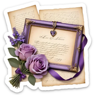 A delicate bouquet of lavender sprigs, dusty mauve roses, and deep violet peonies rests atop an antique love letter, its parchment kissed by time, tied with a silken amethyst ribbon forming an elegant bow. Nearby, a tiny heart-shaped locket gleams softly beneath the glow of a crescent moon, while scattered pressed pansies in shades of lilac and plum whisper forgotten sentiments of devotion. A few golden stars shimmer faintly, caught in the folds of the vintage fabric beneath the bouquet, adding a touch of celestial romance. sticker