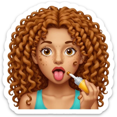a mixed girl with long curly hair sticking her tongue out with spit sticker