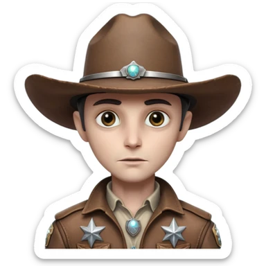 Close-up portrait of a classic grey alien cowboy, large black eyes, smooth pale skin, wearing a worn leather cowboy hat and futuristic sheriff badge, dramatic side lighting, shallow depth of field, ultra detailed skin texture, cinematic western sci-fi style
 sticker