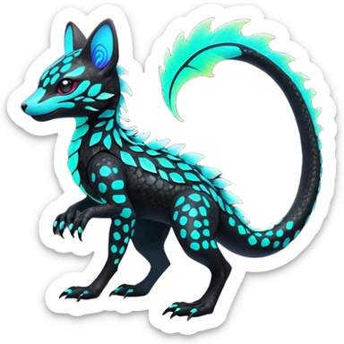 Rare realistic black-scaled neon-glowing bioluminescent edgy badass epic pretty beautiful handsome gorgeous aesthetic colorful vibrant Vernid-Trico-species-Fakemon-creature by LiLaiRa, 4 legs, 1 tail, random markings, (full body) sticker