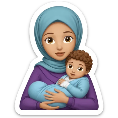 Light skin hijabi woman holding a one baby boy brown curls sticker