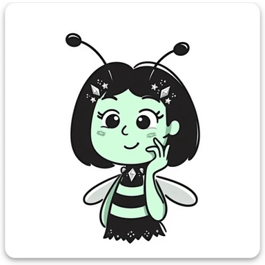Mint green woman bee character with diamond decorations, rhinestone jewelry, and glittery sparkly details sticker