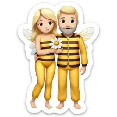 Grown up man with long dark brown long, white skin, medium beard, full body in cute bee pijama hugging a woman with blonde hair, white skin, dressed as a flower  sticker
