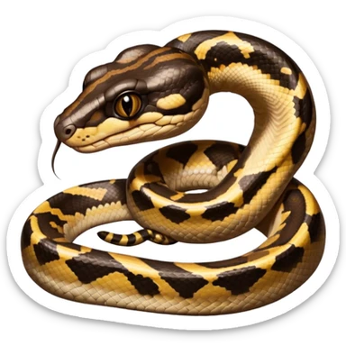 A photo-realistic digital illustration of a Ball Python, large headshot portrait. The snake has a short, rounded snout, smooth contours, and a calm, curious expression. Its head is warm brown with bold, irregular dark markings, including the signature “alien-head” pattern.  sticker