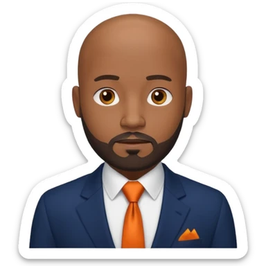 headshot of a sophisticated, stylish, bald head Caribbean black man with a beard and goatee in a navy blue suite, white shirt and dark orange tie with small eyes sticker