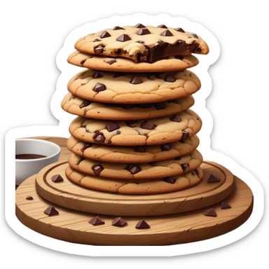 Cinematic crunchy chocolate chip cookies, freshly baked, golden-brown with gooey melted chocolate chunks, stacked on a rustic wooden plate, soft warm lighting, cozy and delicious. sticker