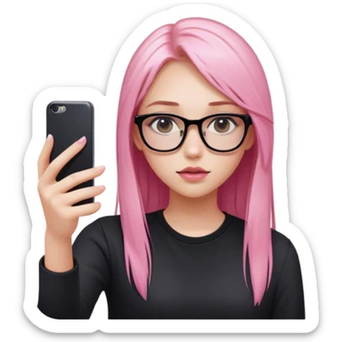 A teenage girl taking a selfie in a school bathroom. She has long, straight blonde and pink-dyed hair, wears rectangular glasses and a black shirt. Her expression is neutral with glossy lips sticker