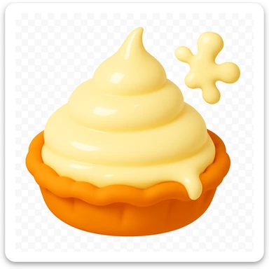 Add a small cream splatter in the top right corner, matching the smooth, rounded style and lighting of the other pie splatter designs. Keep the playful 3D emoji style, golden brown crust, and transparent background. The main cream part and drip should remain intact. sticker
