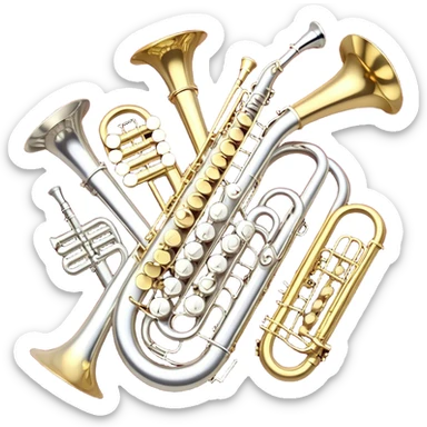 Create a festive and elegant emoji collage featuring a bouquet or fan of bells of wind instrument  (trumpets, saxophones, trombones, tubes, etc.) arranged in a radiant, symmetrical pattern. The instruments should have polished, golden and silver finishes, with their large, shiny bells forming a beautiful, fan-like display. Include a flowing ribbon of musical notes swirling through the center, conveying movement and melody. The background should feature a deep red velvet texture, adding a touch of luxury and sophistication. The overall composition should be balanced, with an elegant and regal feel, with a transparent background to keep focus on the instruments and musical elements. sticker