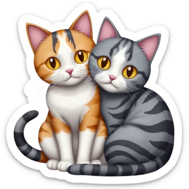 full body colourful light patched calico + white tabby cat cuddling a bigger cat that is dark grey and white tabby cat  and they are in love sticker