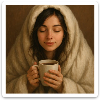 girl inside a blanket sipping coffee, eyes closed, style 1 sticker