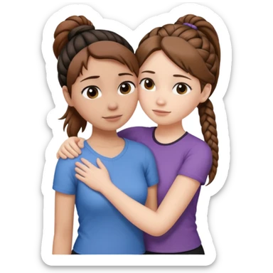 Comforting Hug two white skin women, one shorter woman with brown simple top ponytail, not braided, and one taller woman with a single long black side braid sticker