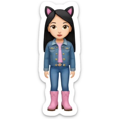 Gordita, ojos pequeños de color cafe oscuro, labios pequeños y rosados, piel trigueña, orejas pequeñas, cabello largo lazio y negro, pequeña. cuerpo completo. vestida con saco de lana jean y botas color café. No le pongas orejas sticker